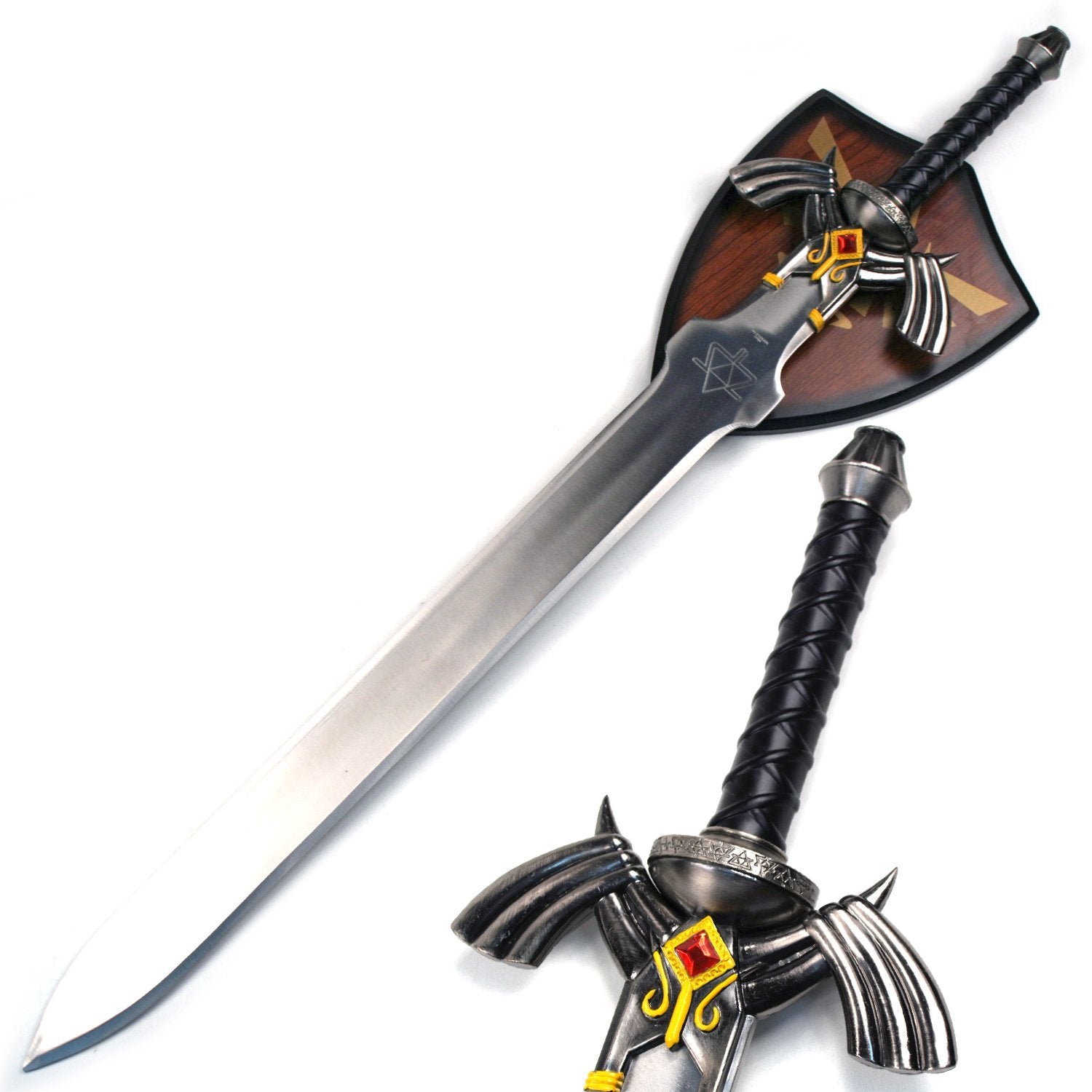 fantasy sword with wall plaque featuring ornate detailing and a polished blade