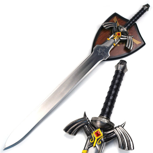 fantasy sword with wall plaque featuring ornate detailing and a polished blade