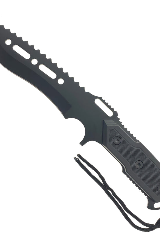 Guild Arms Fixed Blade Black Hunting Knife with serrated edge and textured grip for outdoor use