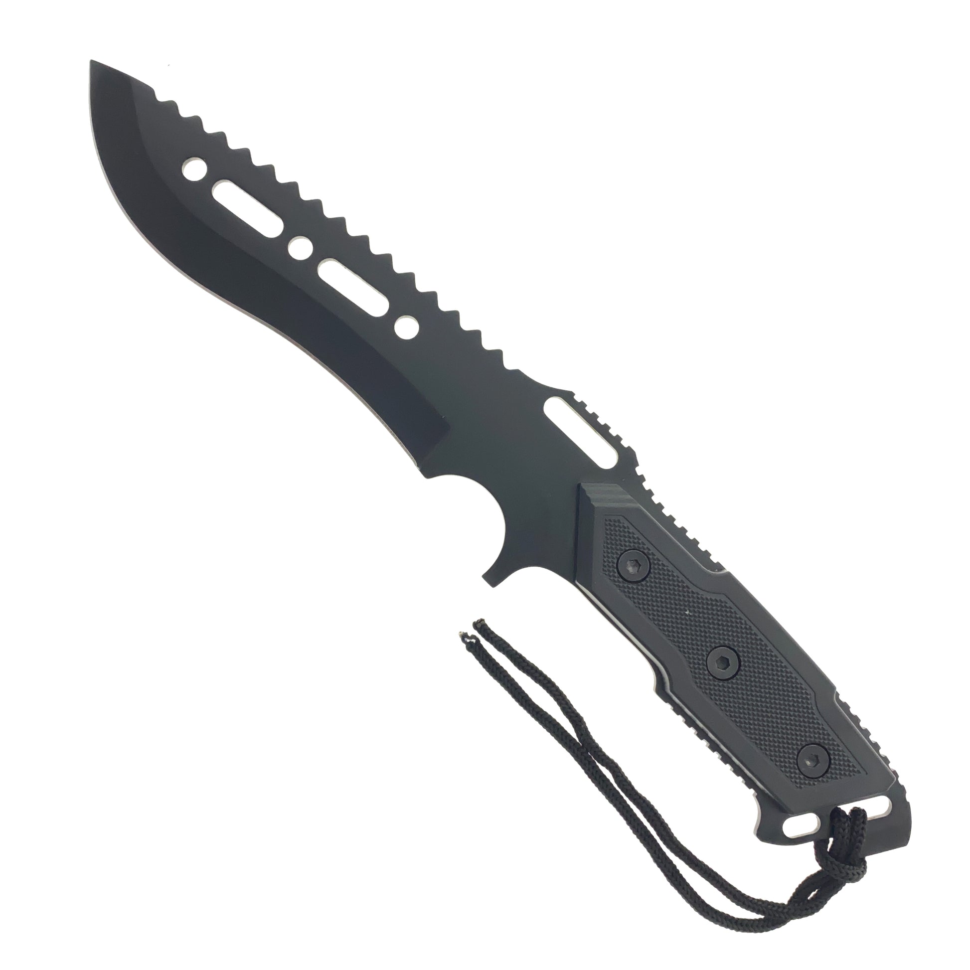 Guild Arms Fixed Blade Black Hunting Knife with serrated edge and textured grip for outdoor use