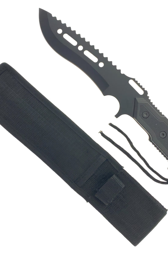 Guild Arms Fixed Blade Black Hunting Knife with Sheath and Serrated Edge for Outdoor Use