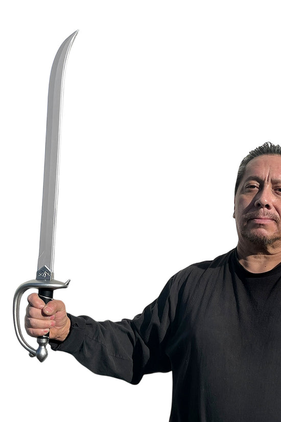 Otaku Gears Foam Cutlass Pirate Sword held by a model showcasing its realistic design and lightweight material