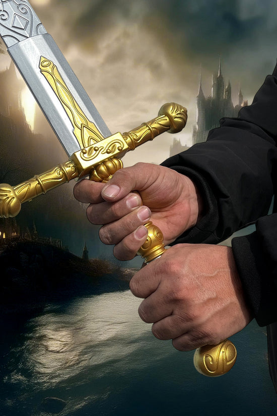 Guild Arms foam elden medieval sword held confidently with a detailed golden hilt