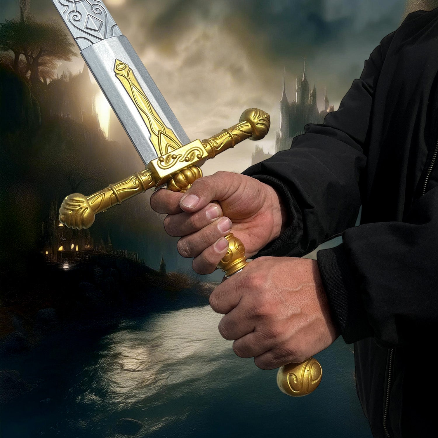 Guild Arms foam elden medieval sword held confidently with a detailed golden hilt