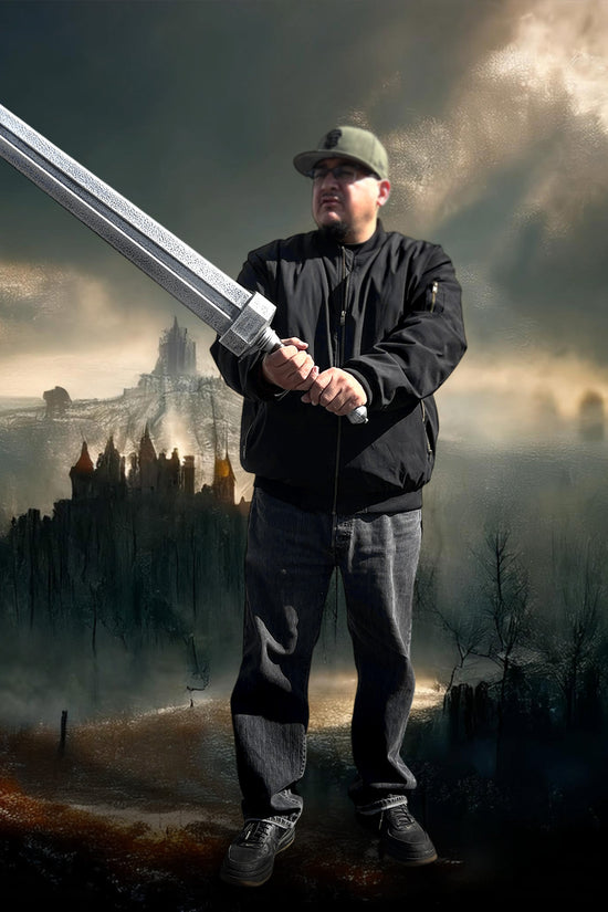Guild Arms Foam Elden Sword held by a person in a dramatic fantasy landscape