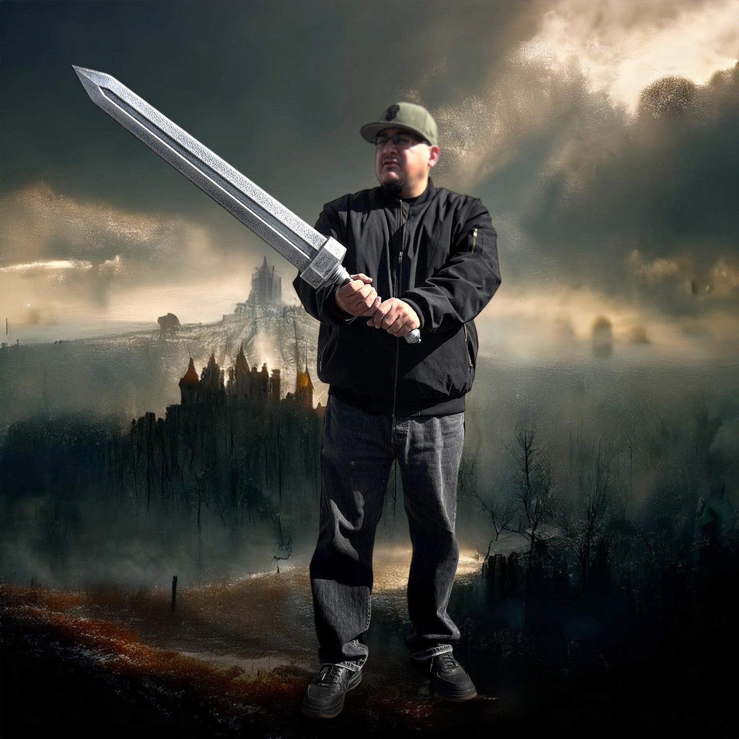 Guild Arms Foam Elden Sword held by a person in a dramatic fantasy landscape