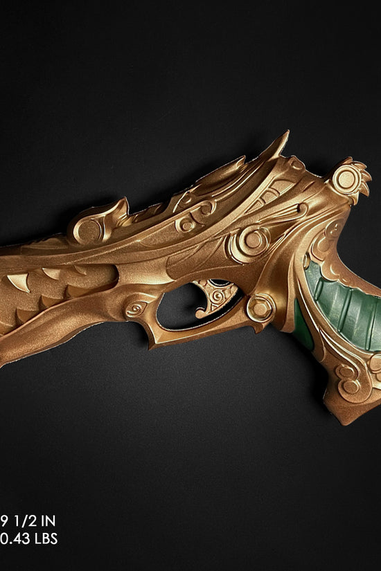 Otaku Gear foam fantasy gun prop ornate gold and green dragon themed foam pistol with carved details