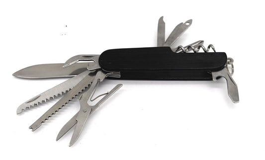 Guild Arms folding multi-tool knife with black handle and multiple stainless steel tools extended