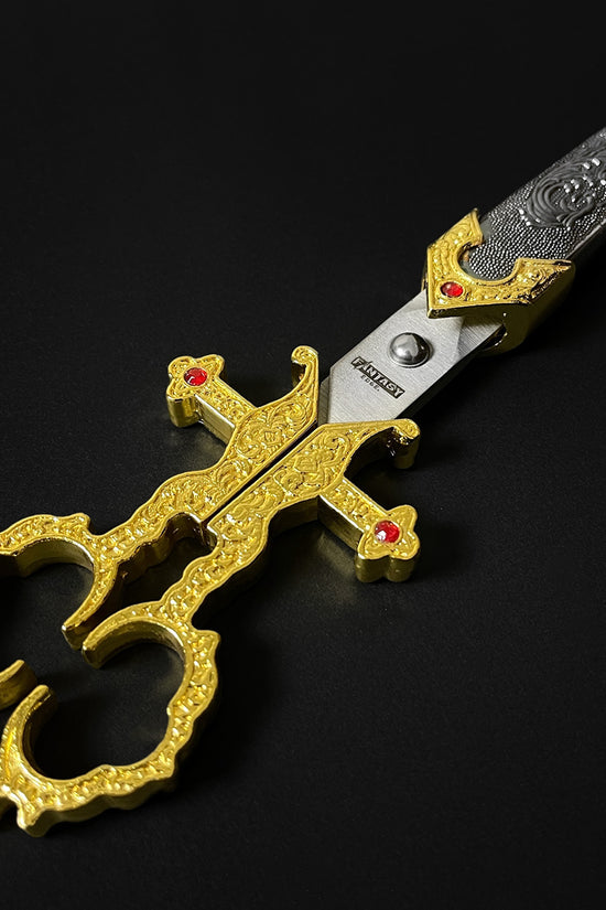 Guild Arms gold bodice scissors dagger with intricate detailing and red gemstone accents