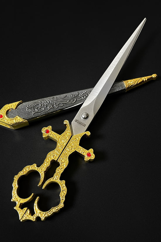 Guild Arms gold bodice scissors dagger with intricate design and red gemstone accents