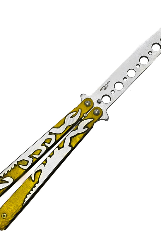 Gold Scorpion Butterfly Training Knife with a sleek design for safe flipping practice