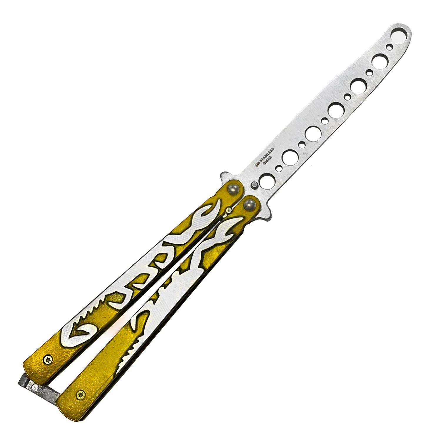 Gold Scorpion Butterfly Training Knife with a sleek design for safe flipping practice