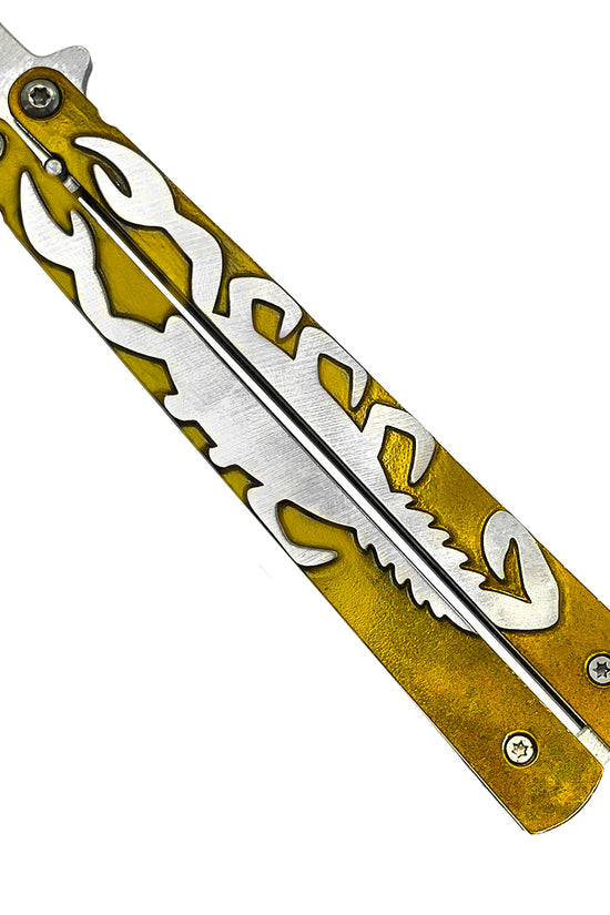 Gold Scorpion Butterfly Training Knife with intricate design and durable metal handles for practice and training
