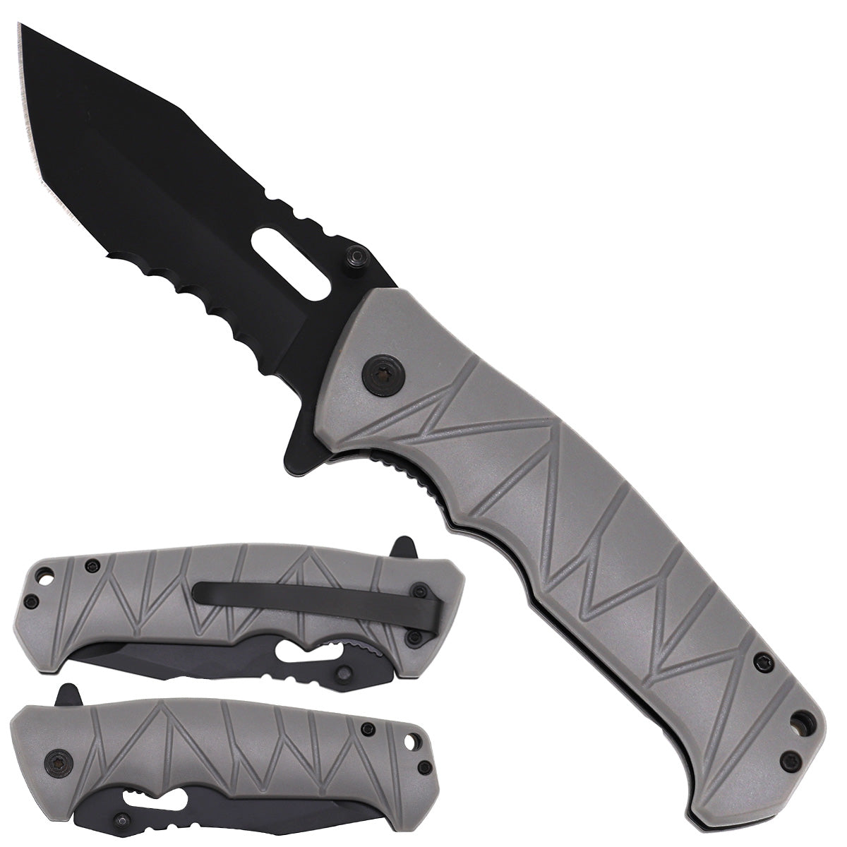 Gray Spring Assisted Pocket Knife - Plastic Handle featuring a sharp serrated blade and ergonomic grip