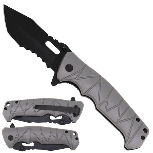 Gray Spring Assisted Pocket Knife - Plastic Handle featuring a sharp serrated blade and ergonomic grip