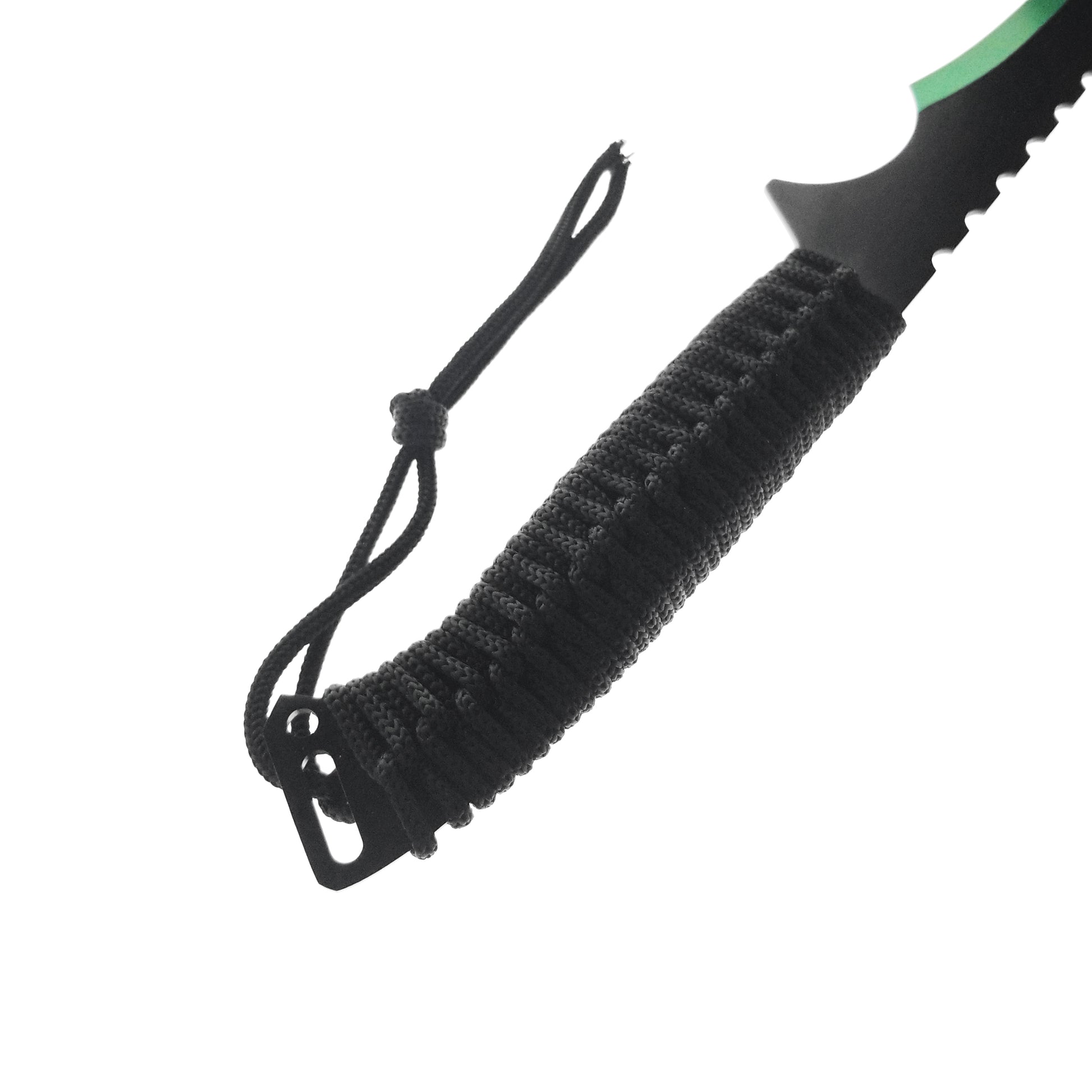 Guild Arms Green Tactical Machete with a textured grip and safety lanyard for secure handling