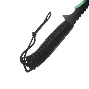 Guild Arms Green Tactical Machete with a textured grip and safety lanyard for secure handling