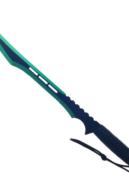 Guild Arms Green Tactical Machete with a curved blade and textured grip for outdoor use