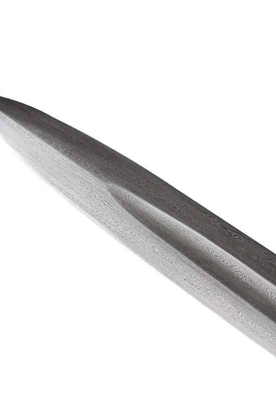 Hand-Forged Damascus Medieval Sword Blade with Intricate Patterns and Sharp Point