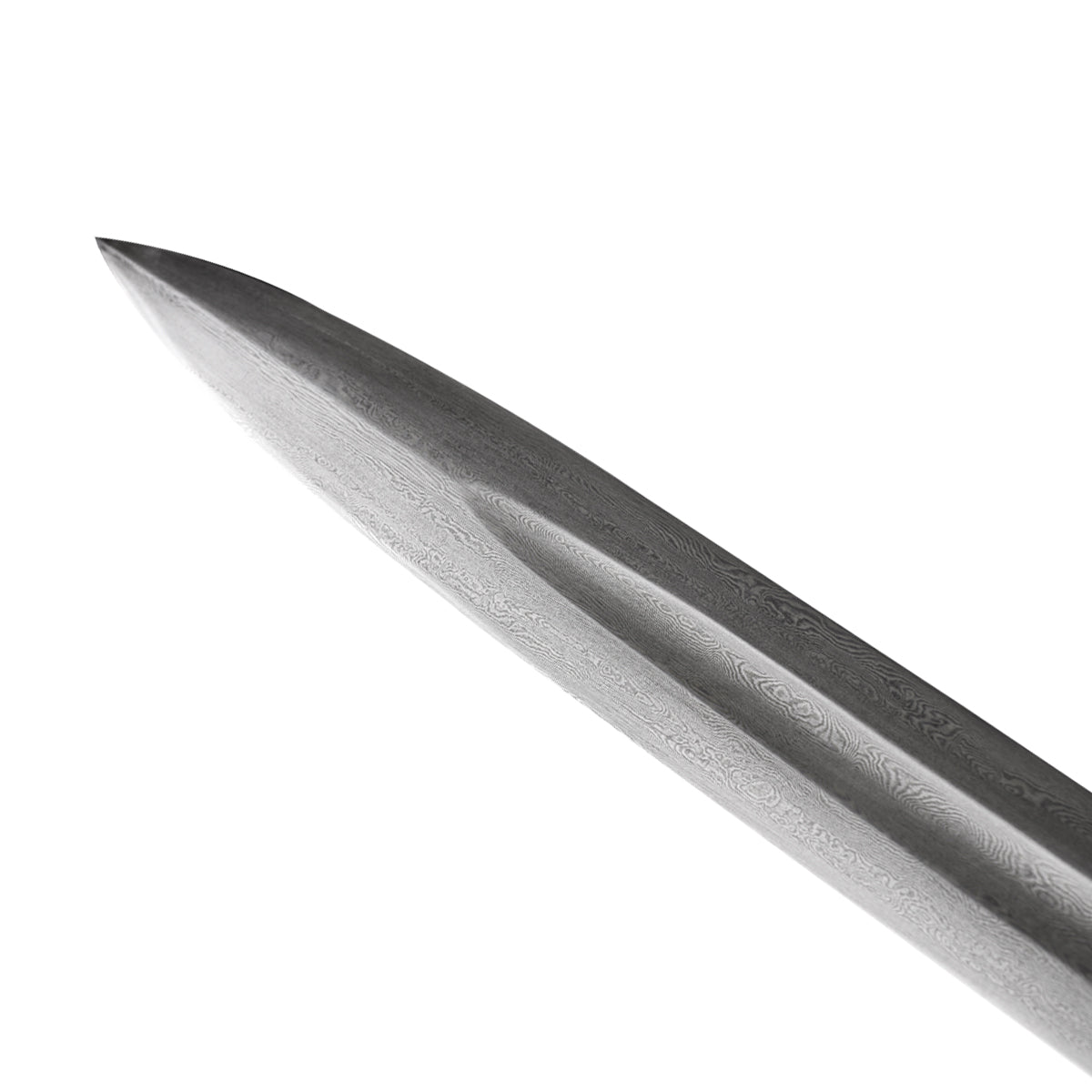 Hand-Forged Damascus Medieval Sword Blade with Intricate Patterns and Sharp Point