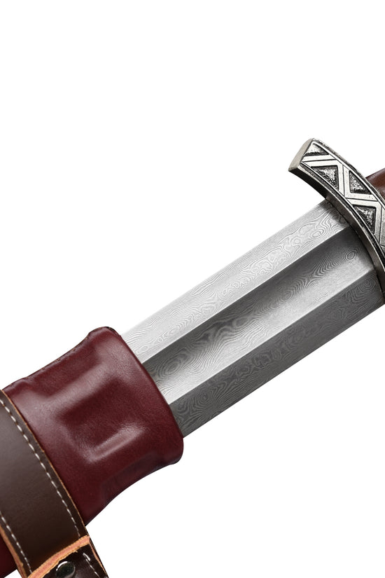 Hand-Forged Damascus Medieval Sword with intricate blade patterns and leather-wrapped handle