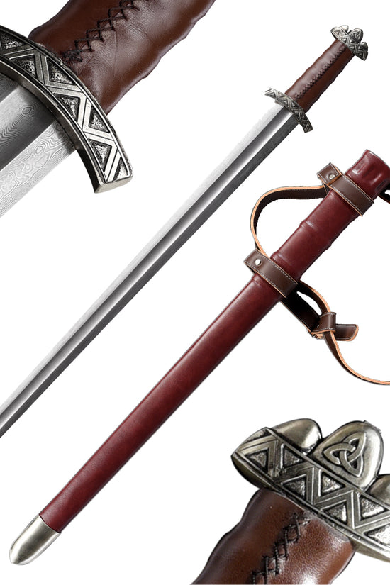 Hand-Forged Damascus Medieval Sword with intricate hilt design and leather-wrapped handle