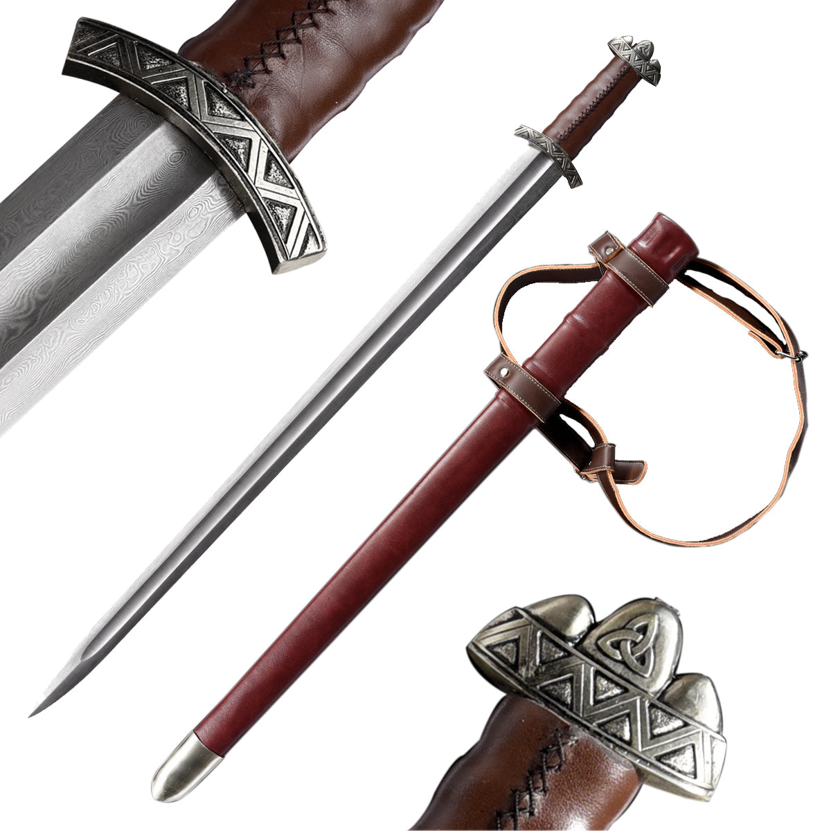 Hand-Forged Damascus Medieval Sword with intricate hilt design and leather-wrapped handle