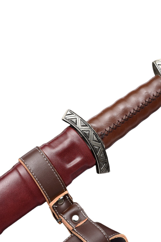 Hand-Forged Damascus Medieval Sword with ornate handle and scabbard detail from Knight Collections