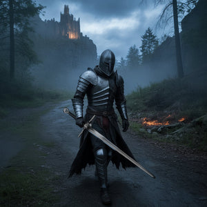 A knight in armor walks along a misty path holding a hand-forged knight medieval sword with a castle in the background