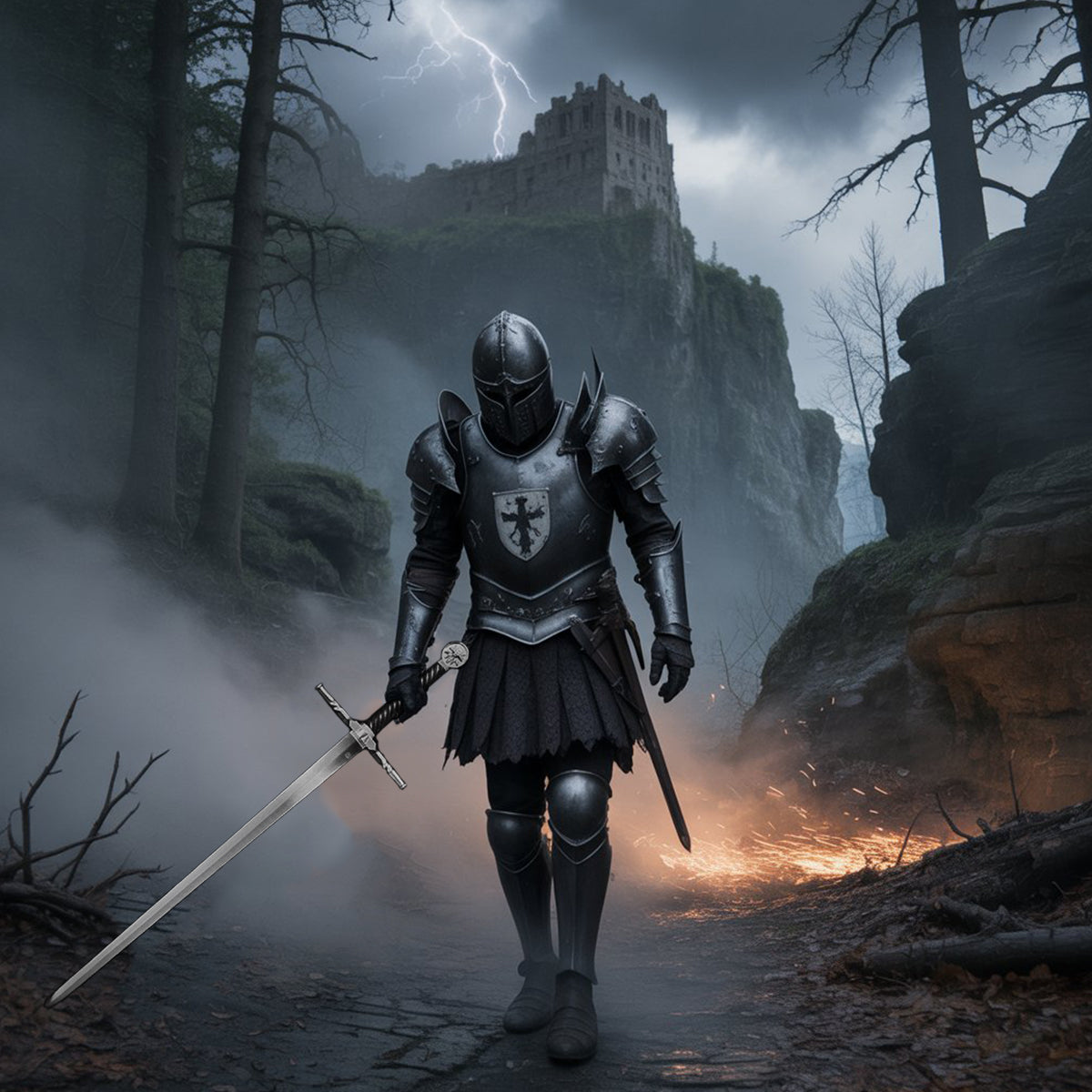 A hand-forged knight medieval sword held by a knight in armor amidst a dramatic stormy landscape