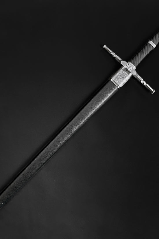 Hand-forged knight medieval sword with ornate hilt and sleek black scabbard from Knight Collections