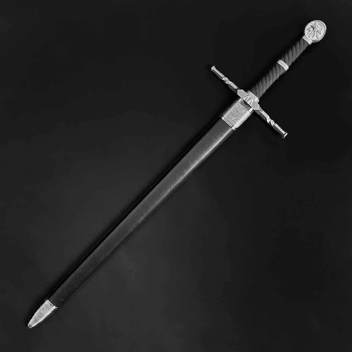 Hand-forged knight medieval sword with ornate hilt and sleek black scabbard from Knight Collections