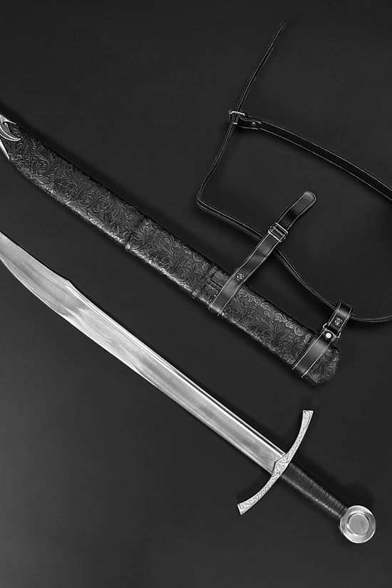 Hand-Forged Medieval Falchion Sword with Detailed Blade and Decorative Scabbard