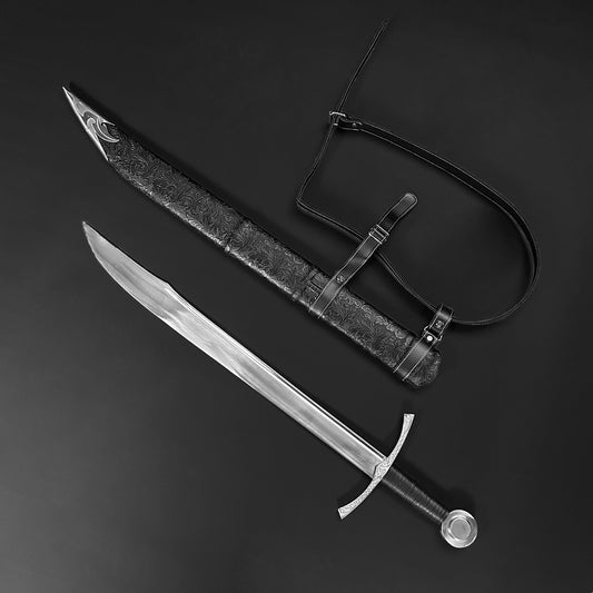 Hand-Forged Medieval Falchion Sword with Detailed Blade and Decorative Scabbard