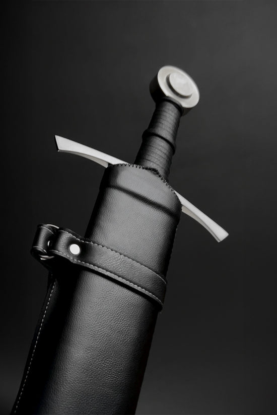 Hand-Forged Medieval Full-Tang Damascus Steel Sword in a leather sheath with a sleek design