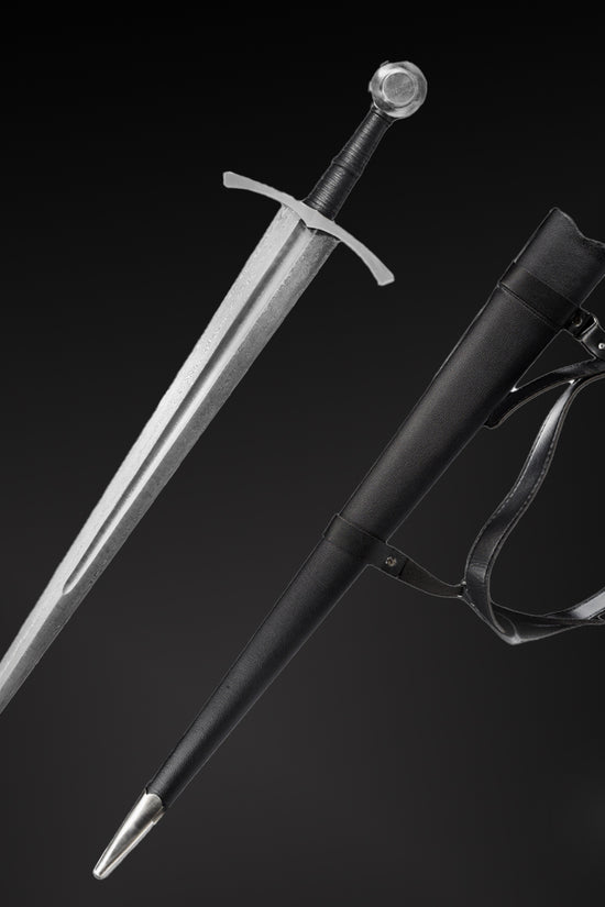 Hand-Forged Medieval Full-Tang Damascus Steel Sword with Sleek Leather Sheath