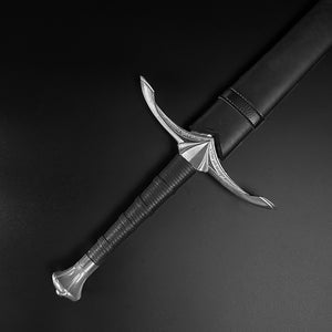 Hand-Forged Medieval Sword w/ Leather Strips featuring a detailed crossguard and sleek blade
