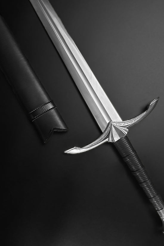 Hand-Forged Medieval Sword w/ Leather Strips with a polished blade and intricate hilt design