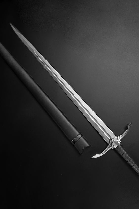 Hand-Forged Medieval Sword w/ Leather Strips with a sleek blade and ornate hilt