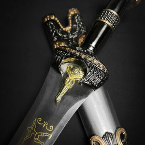 Fantasy Edge Roman dagger with blue crystal ornate black and gold hilt decorative blade for display and cosplay