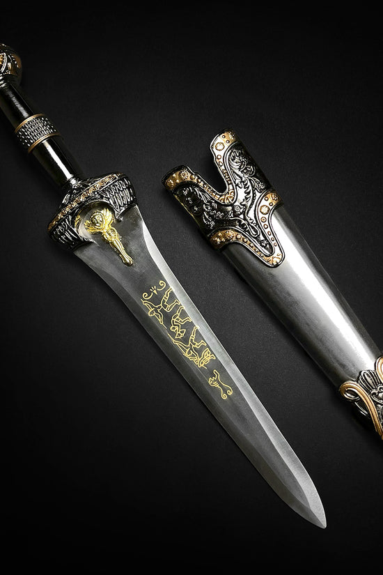 Fantasy Edge Roman dagger with blue crystal motif ornate gold inlay and matching scabbard
