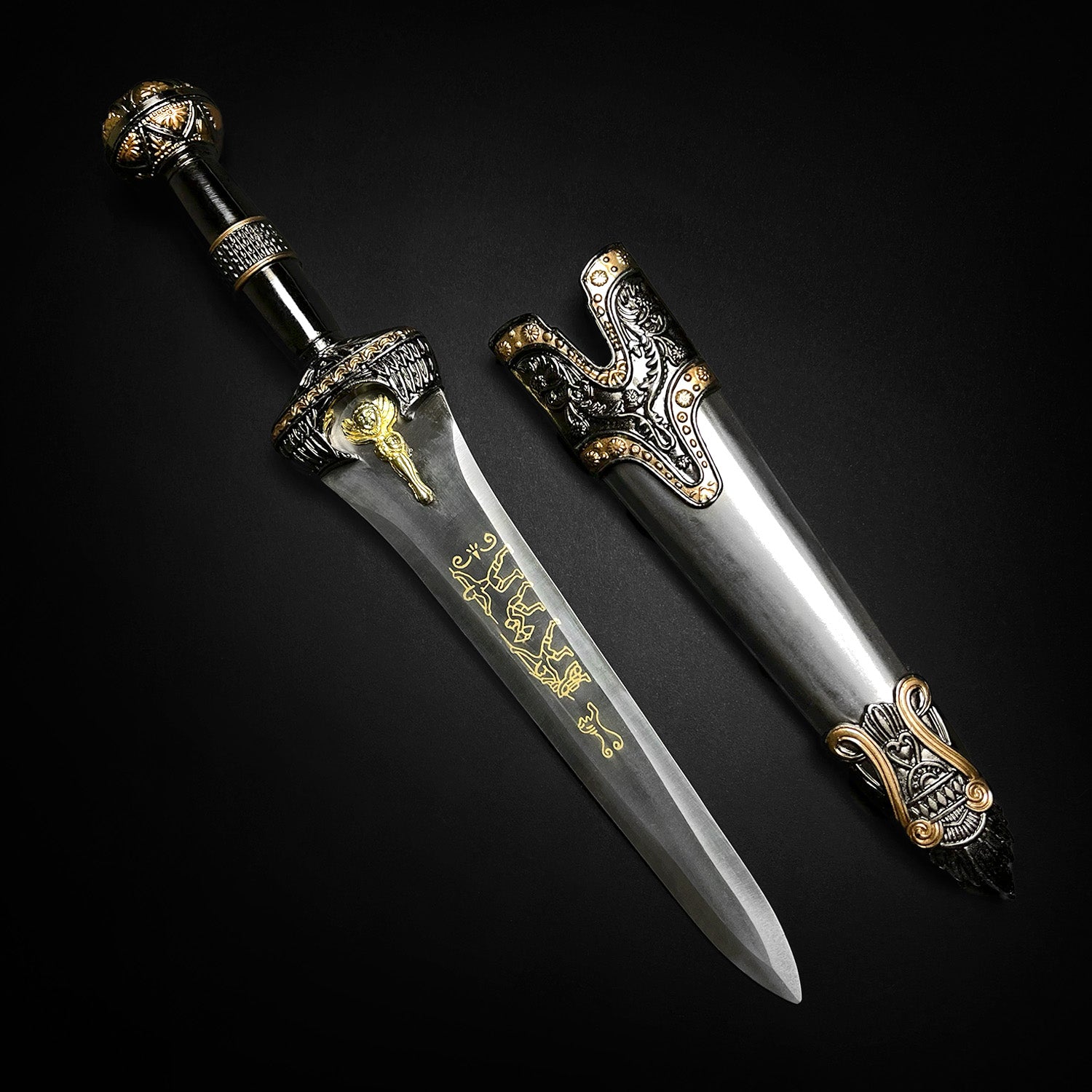 Fantasy Edge Roman dagger with blue crystal motif ornate gold inlay and matching scabbard