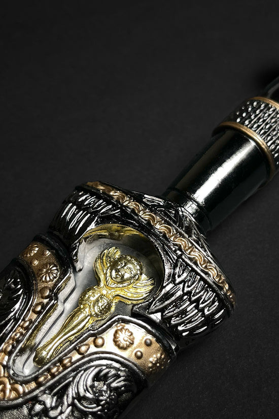 Fantasy Edge Roman dagger with blue crystal ornate medieval dagger with gold filigree black handle