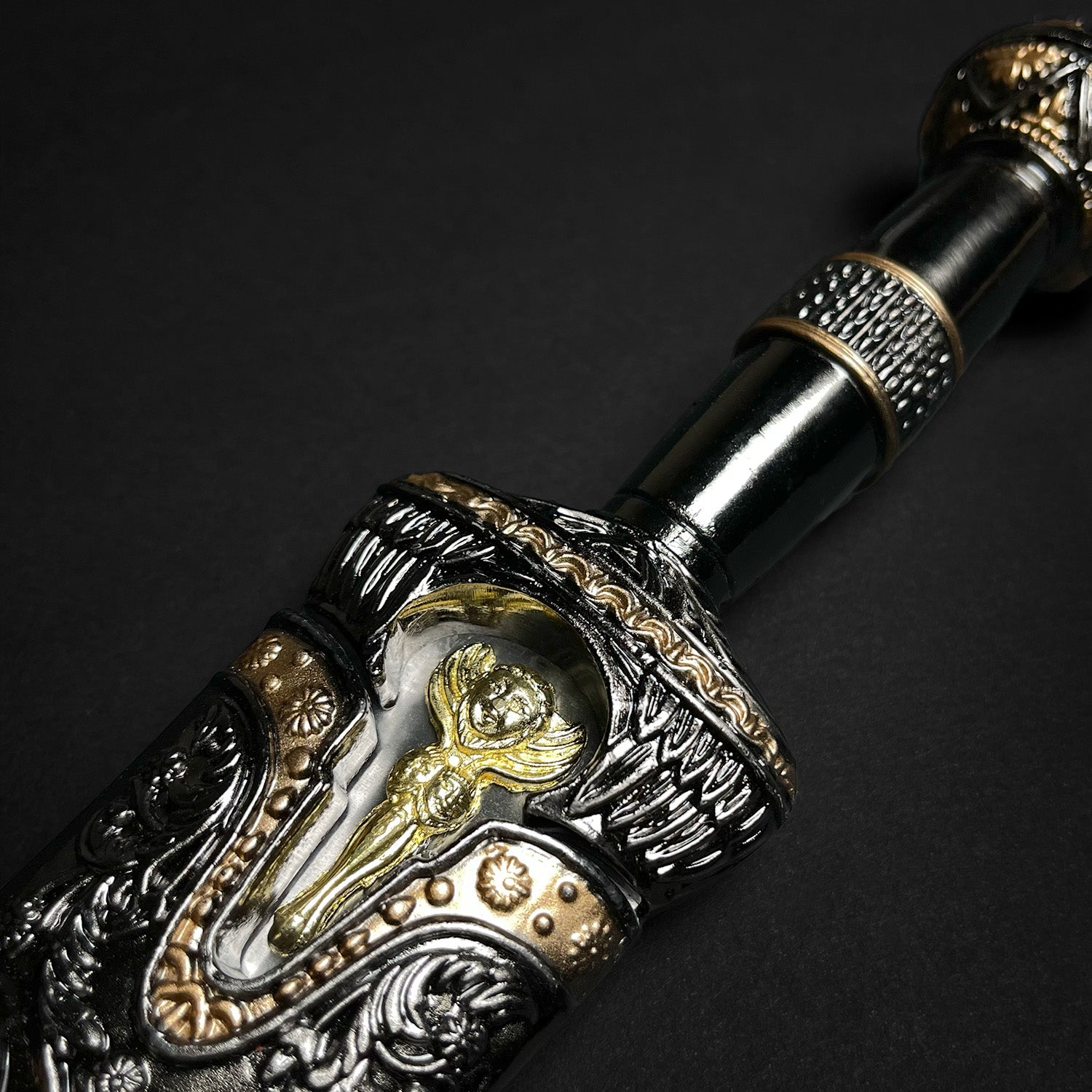 Fantasy Edge Roman dagger with blue crystal ornate medieval dagger with gold filigree black handle