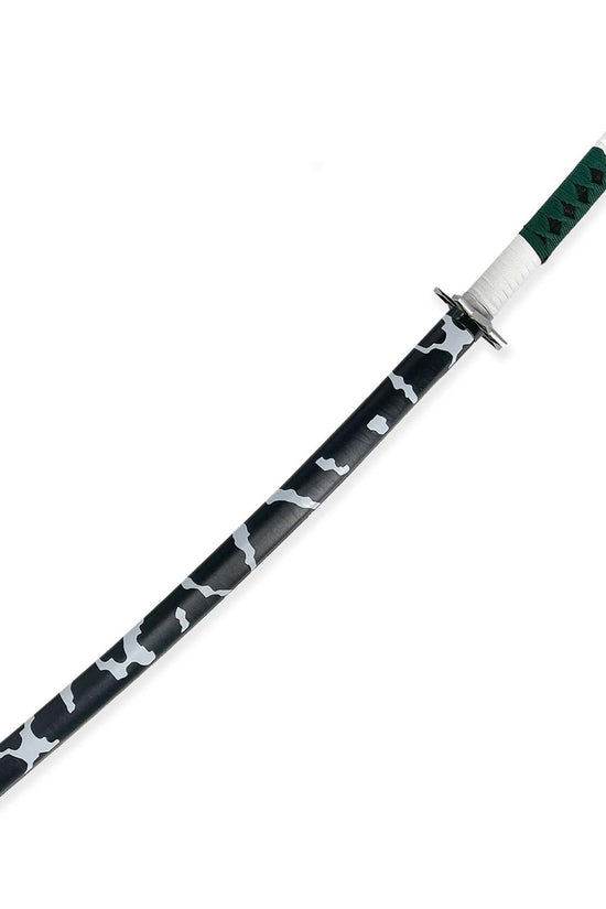 Japanese Anime Demon Katana Sword with a black and white camo blade and green handle design
