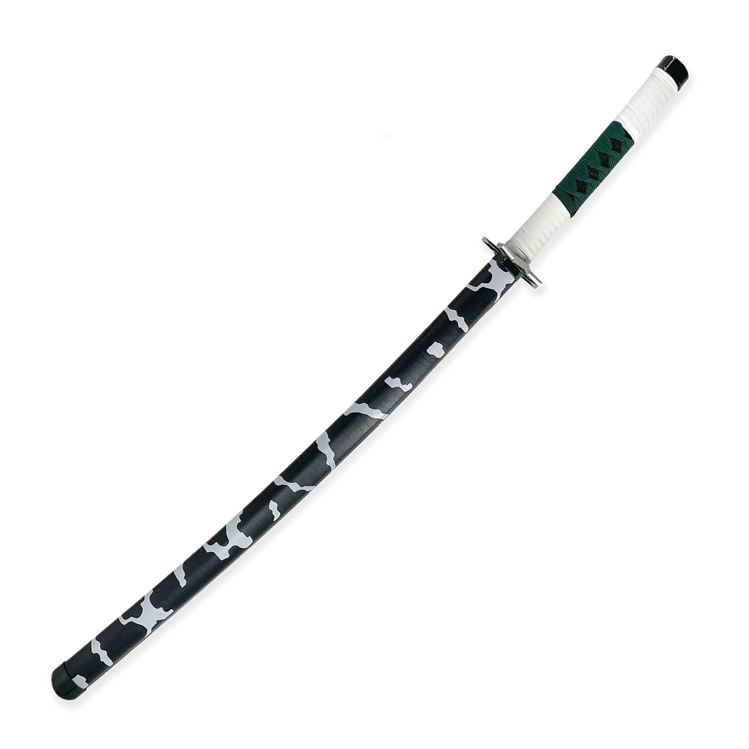 Japanese Anime Demon Katana Sword with a black and white camo blade and green handle design