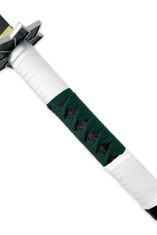 Japanese Anime Demon Katana Sword with Green and White Wrapped Handle and Detailed Blade
