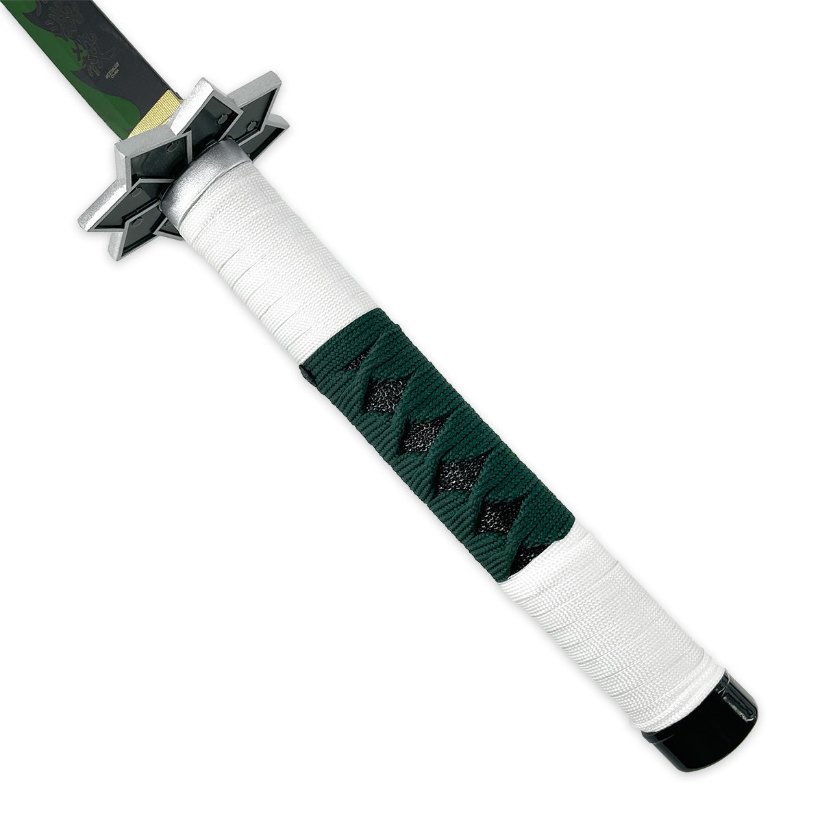 Japanese Anime Demon Katana Sword with Green and White Wrapped Handle and Detailed Blade