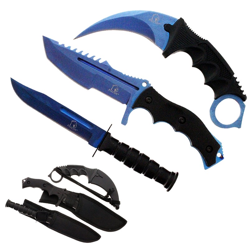 Falcon 3 Piece Set Blue Blade / Black Handle / Tactical Knife