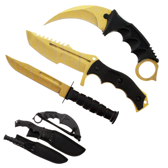 Falcon 3-Piece Gold Set. 7 1/2" & 8 1/2" Tactical Knife, 7 1/2" Karambit